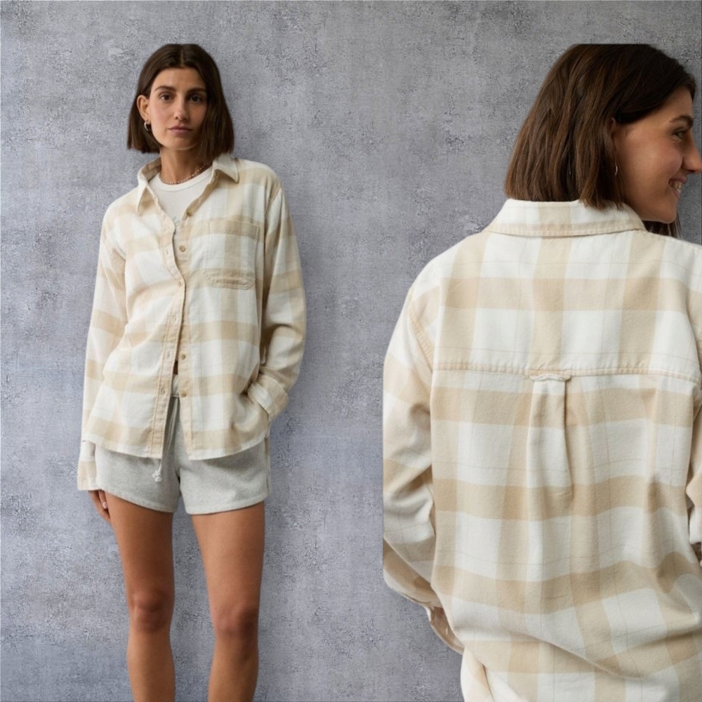 NEW! Beige & White Plaid Button-Up Shirt 100% Cotton Overside Flannel  Size Xl